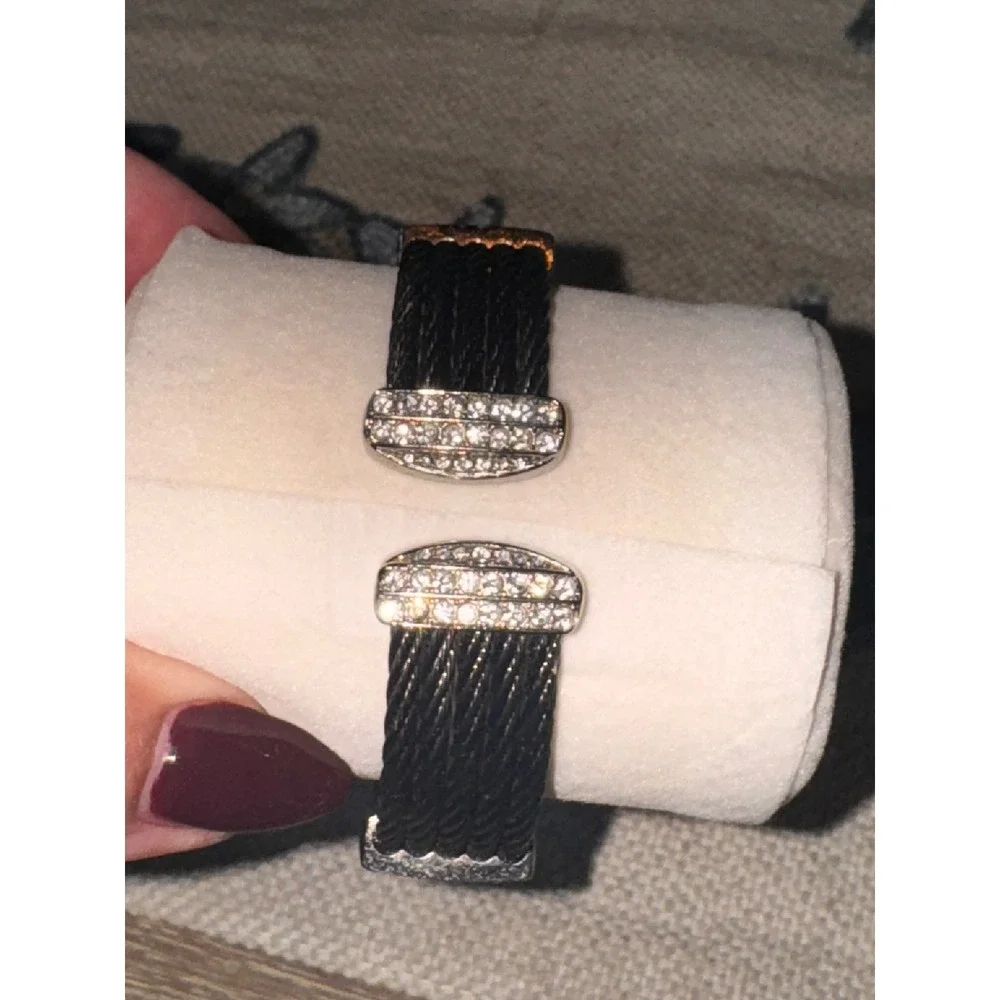 Chicos Square Crystal Accented Watch Black Cable Band Mother of Pearl Dial‎
